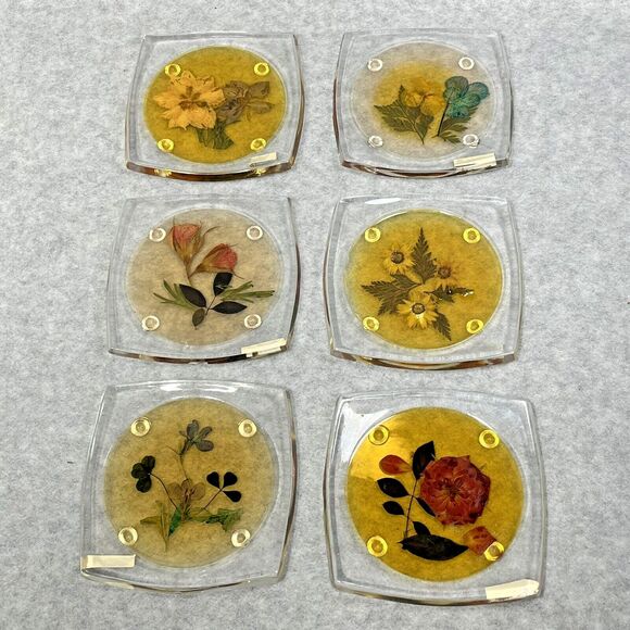 Vintage Lucite Acrylic Footed Coasters Dried Pressed Flowers Set of 6 Clear 3.5" - Picture 1 of 16